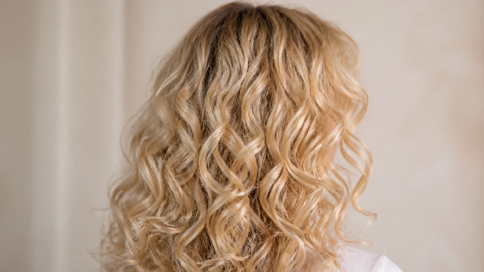 Curly hair with a soft centre parted fringe falling to the cheekbones