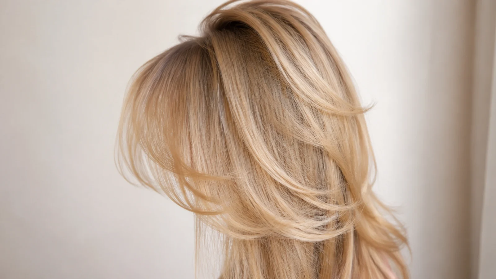 Blonde hair with noticeable lift and height through the crown