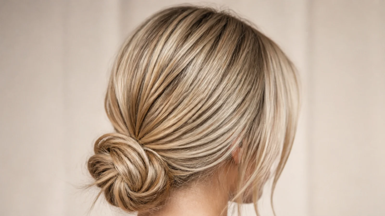 Hair gathered into a smooth low bun at the nape of the neck