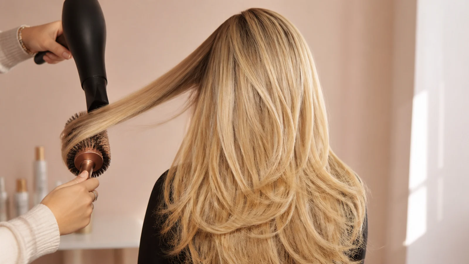 A round brush turning under a dryer nozzle in blonde hair
