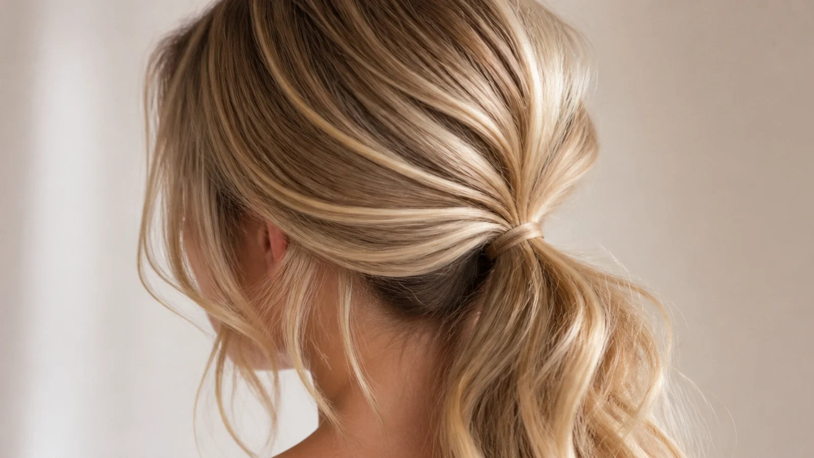 A low ponytail tied with a soft fabric band at the nape