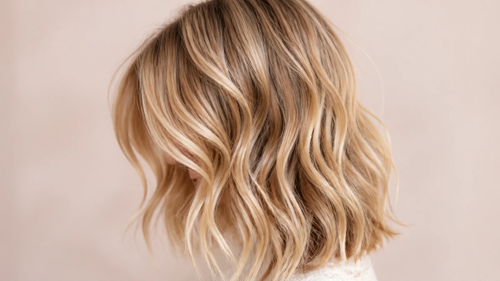 A collarbone length lob air dried with the wave visible through the ends