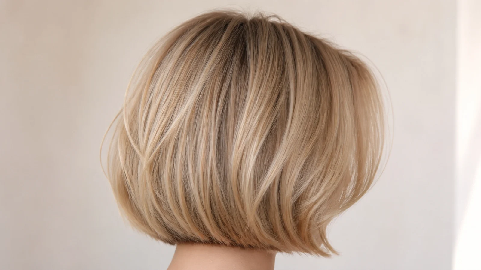 A short blonde bob with a centre parted fringe sweeping to both sides