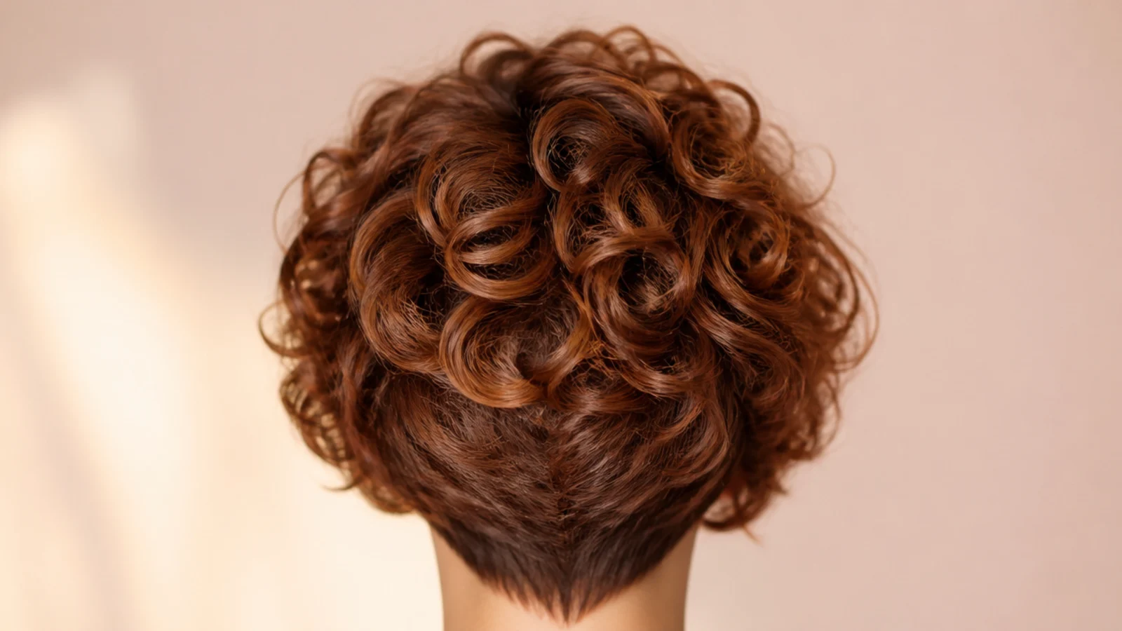 A cropped curly pixie in a warm auburn shade lit from one side