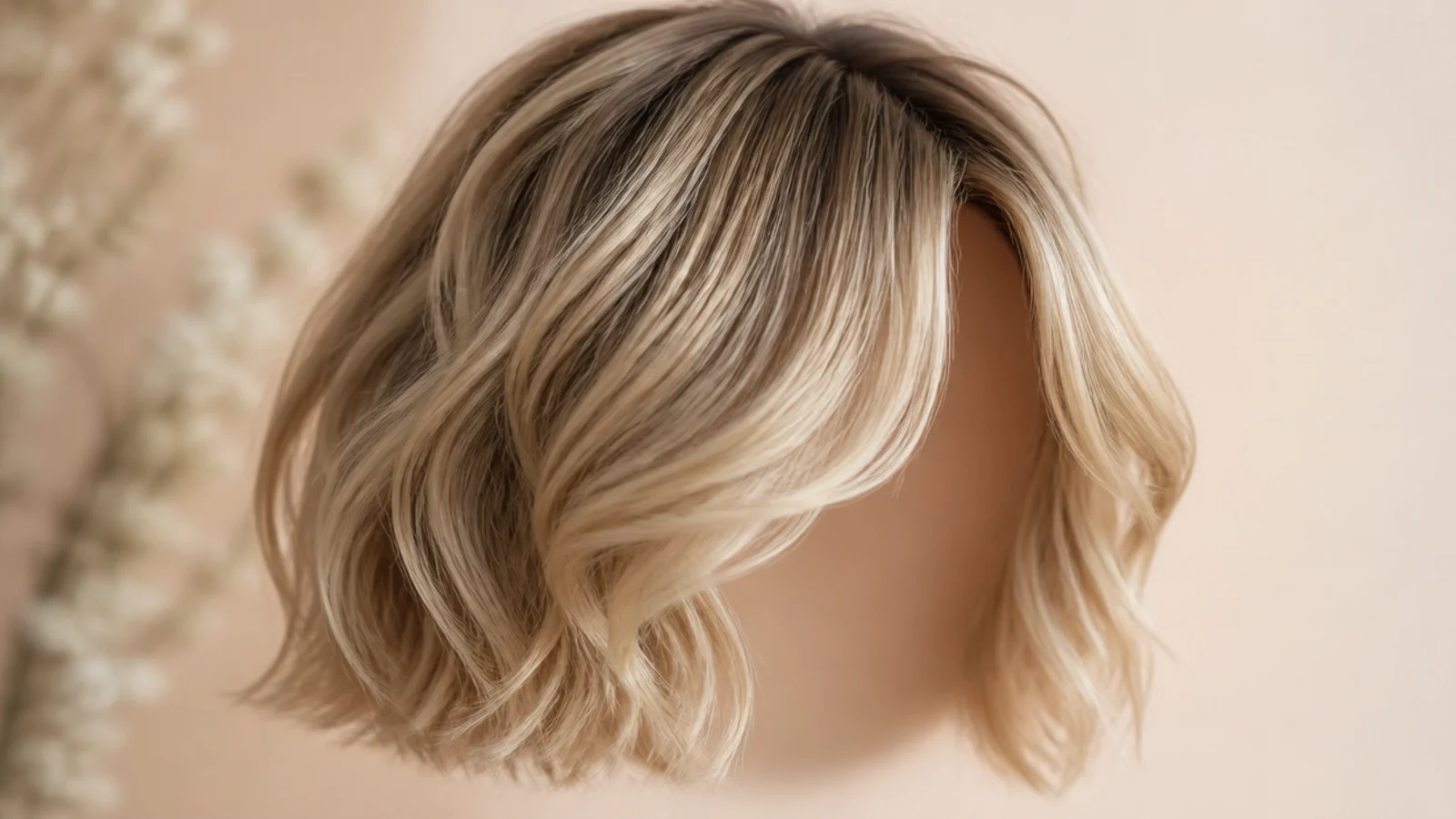 A wavy blonde bob with a curtain fringe opening away from the face