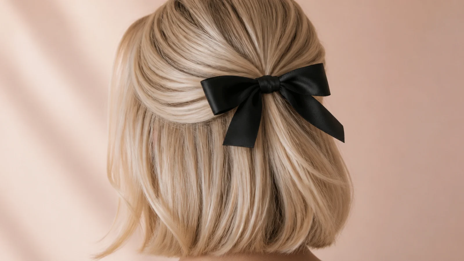 A small ribbon bow securing a half up section on a short blonde bob