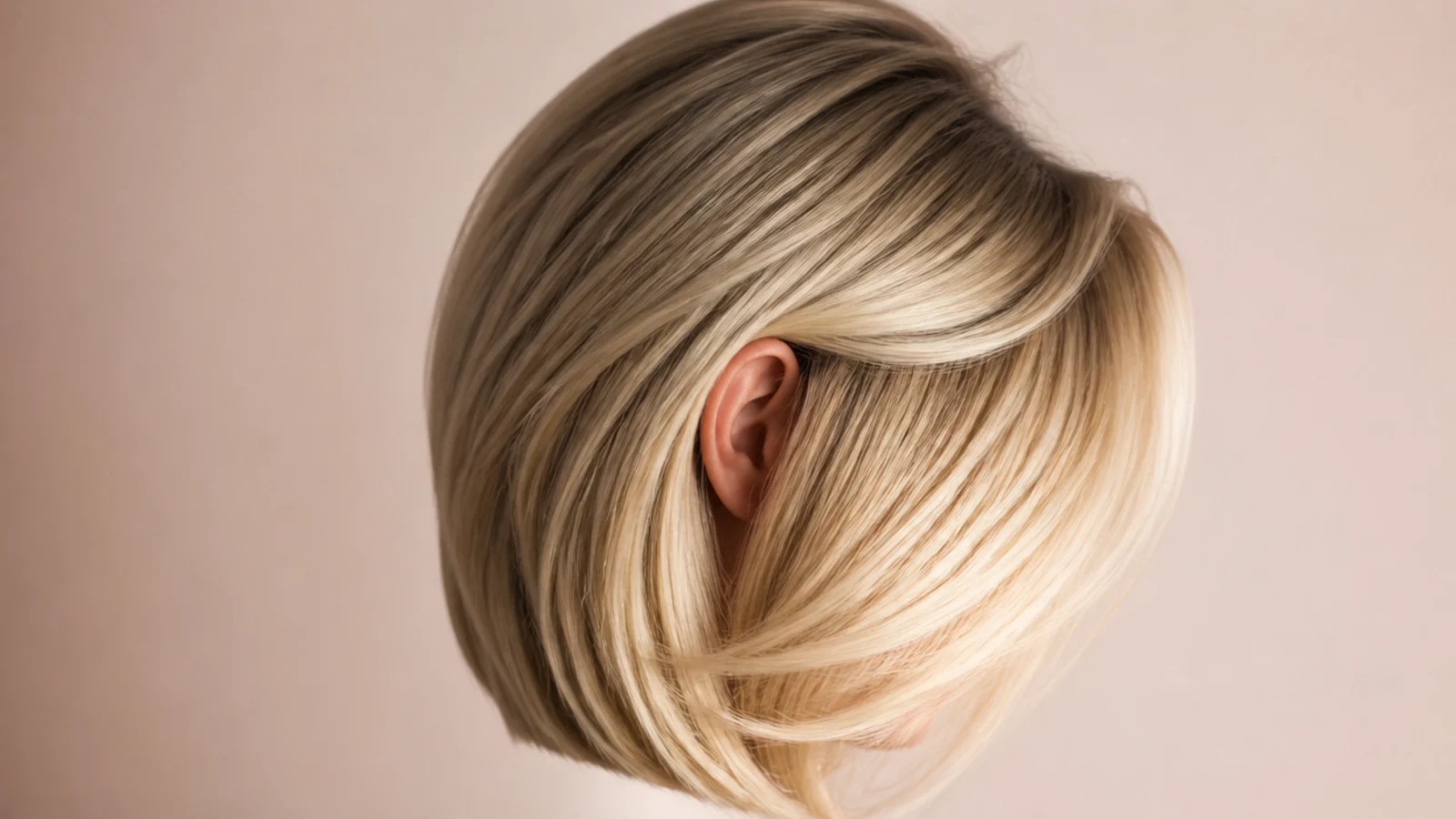 A blonde bob parted deeply to one side with visible root lift