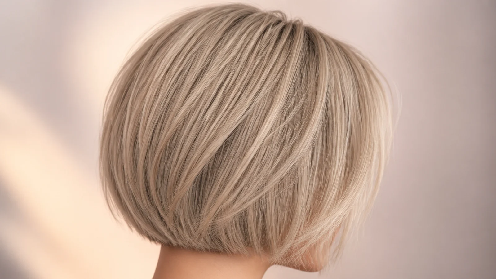 A very short beige blonde bob sitting above the chin
