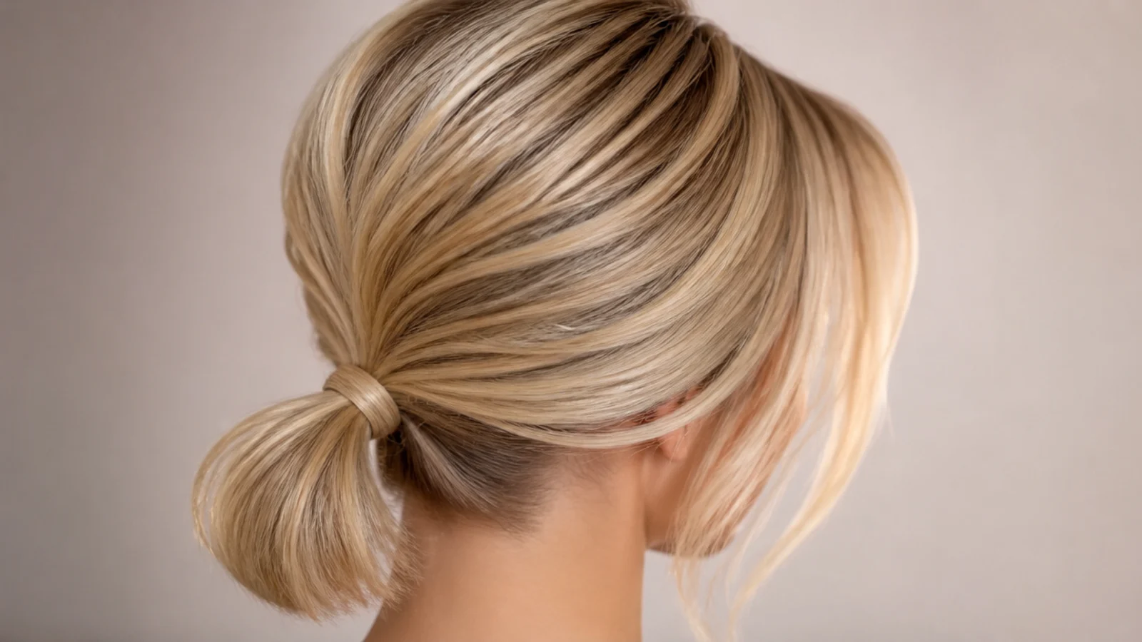A short stubby ponytail gathered low with the front slicked flat