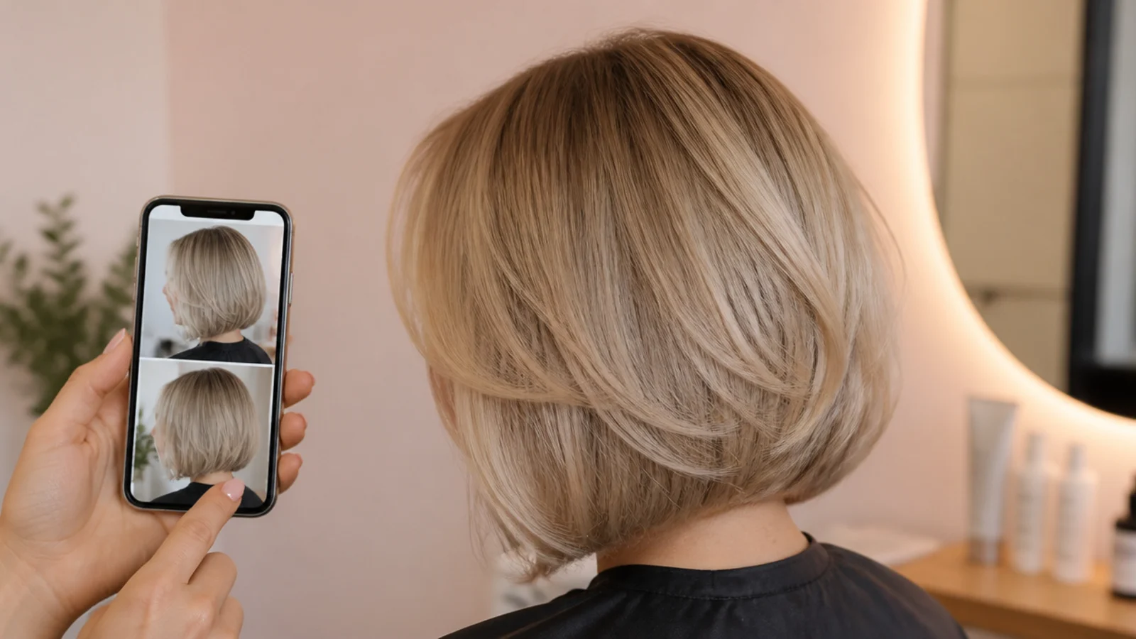 A stylist checking the length of a bob against a client jawline in a salon mirror