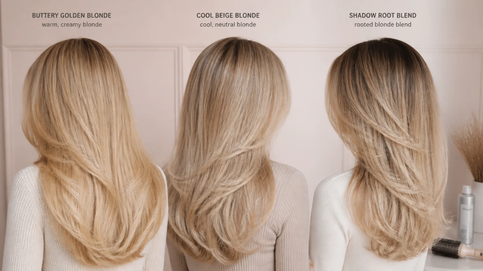 Swatches of beige, golden and rooted blonde against a short cut on a pale background