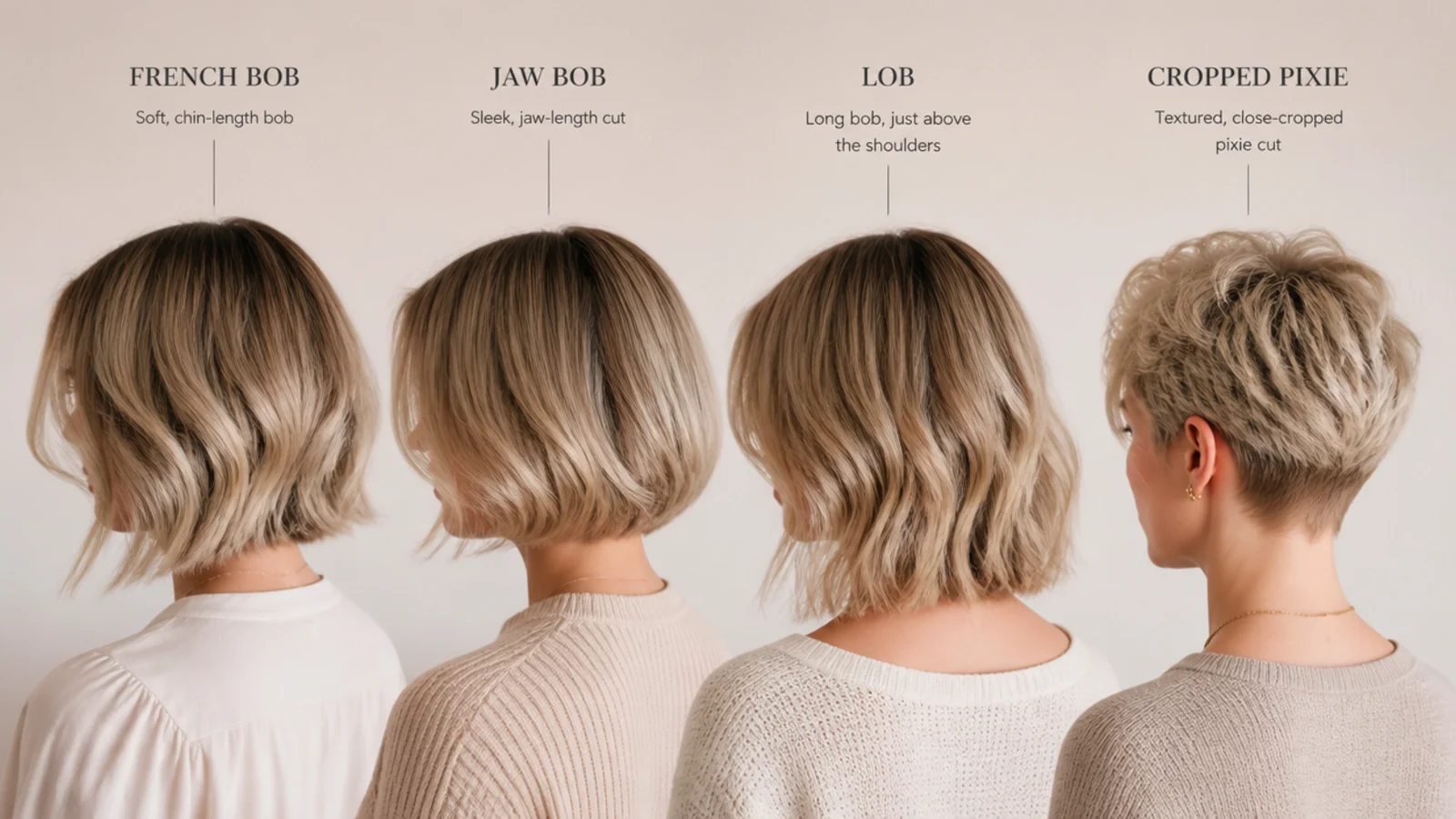 Three short bobs shown side by side on different face shapes in daylight
