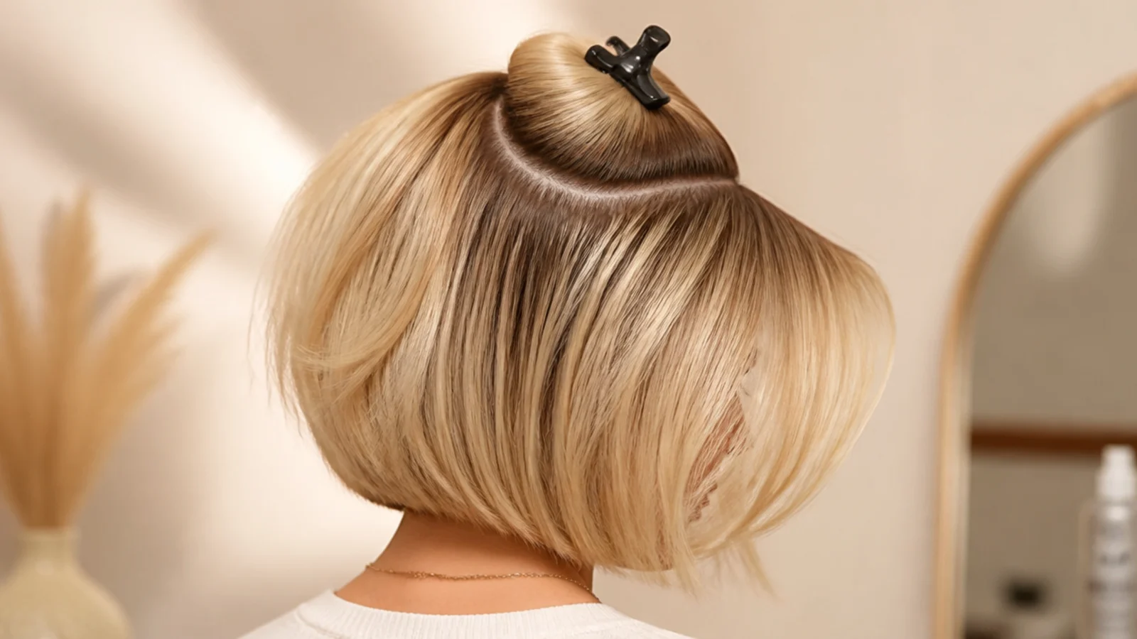 Scissors trimming the outer corner of a fringe in front of a bathroom mirror