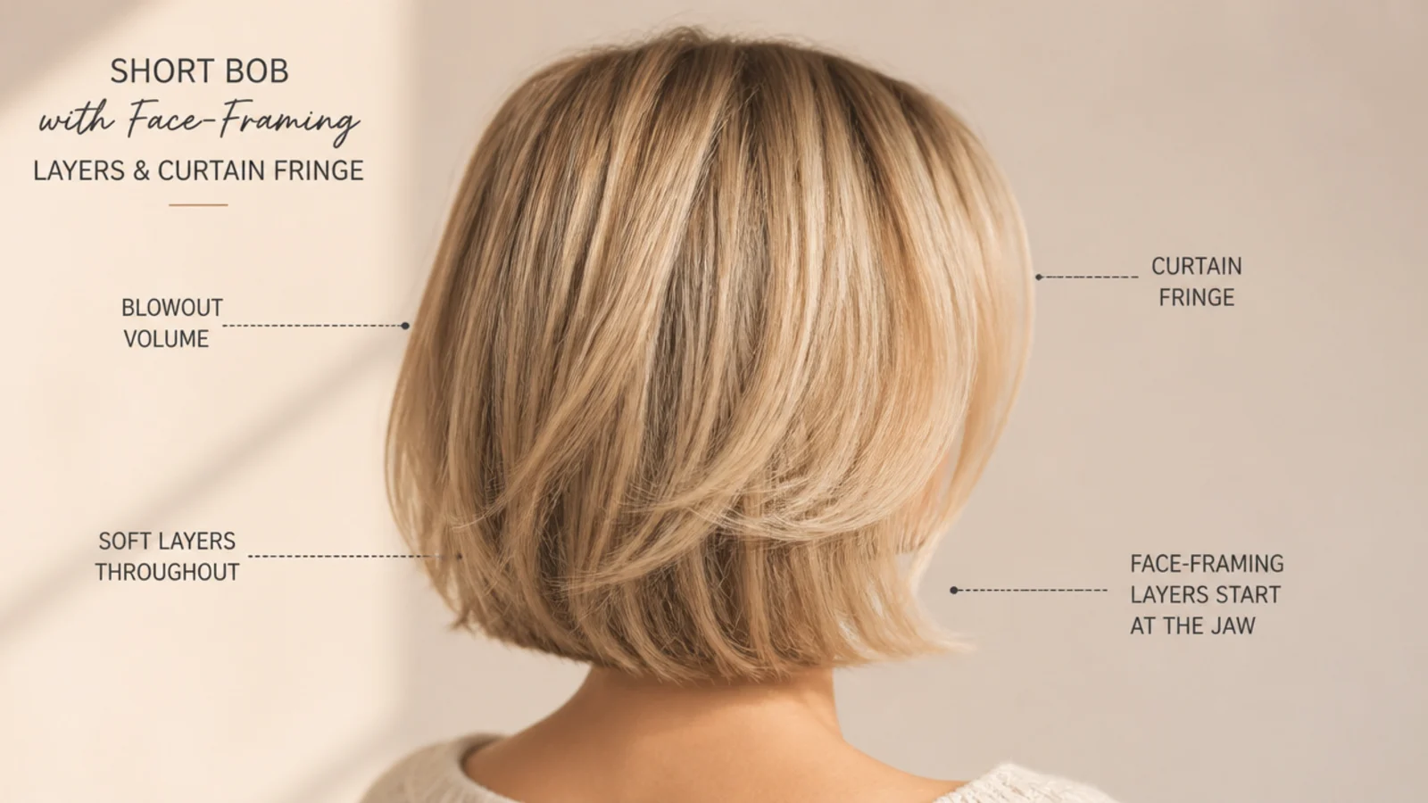 A blonde bob shown in profile with a soft fringe falling across the forehead