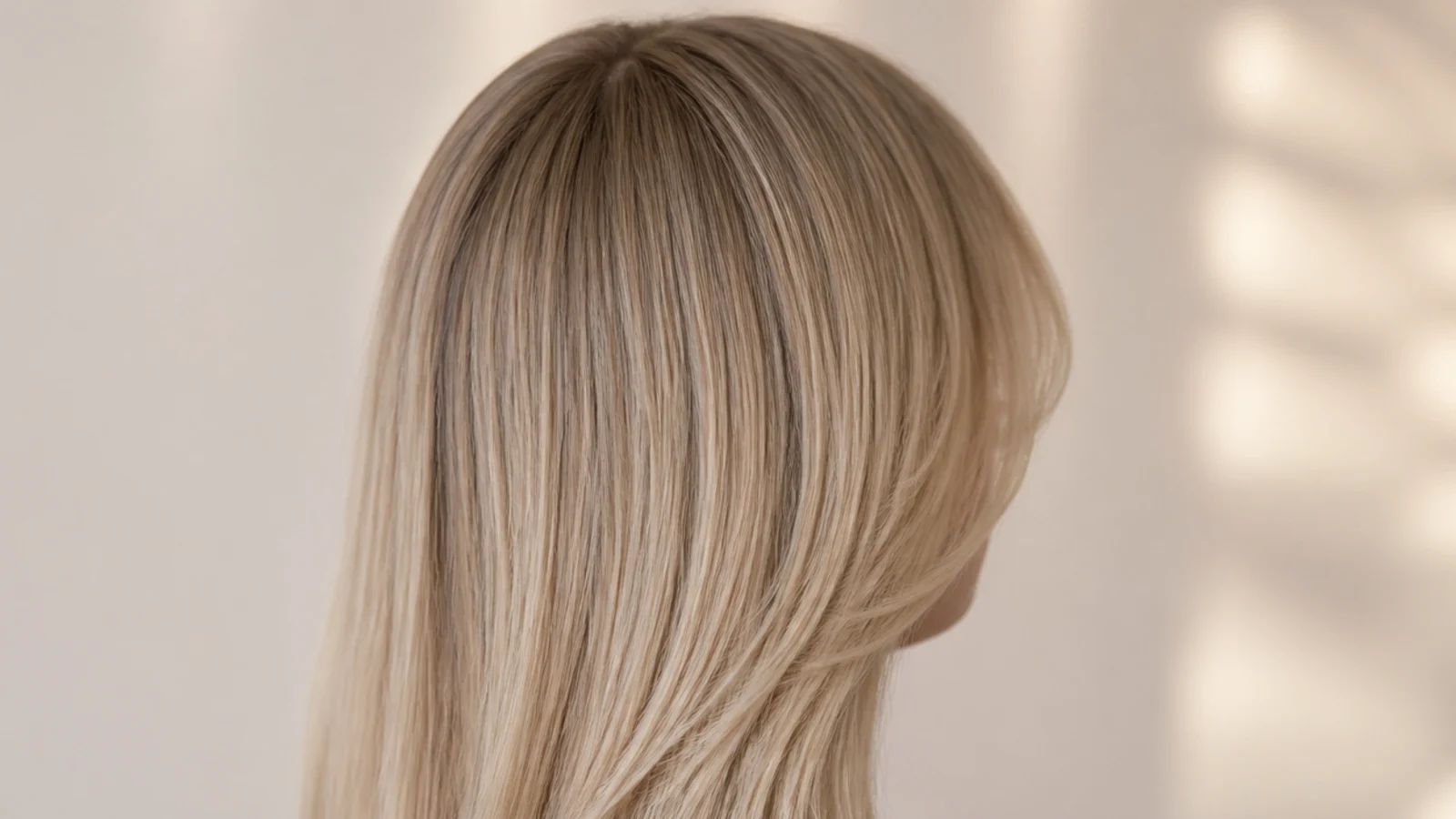 Sleek blonde hair parted exactly down the centre and falling flat
