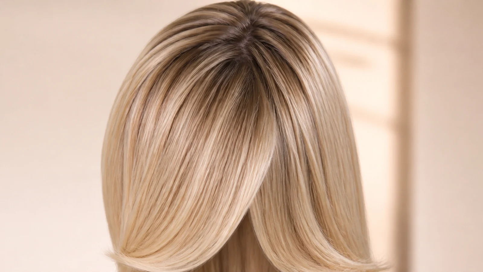 Straight blonde hair swept across a deep side parting with root lift