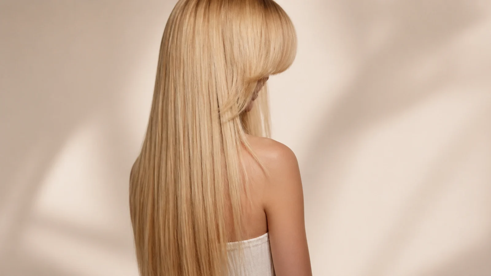 One length straight hair with a heavy full fringe across the brows