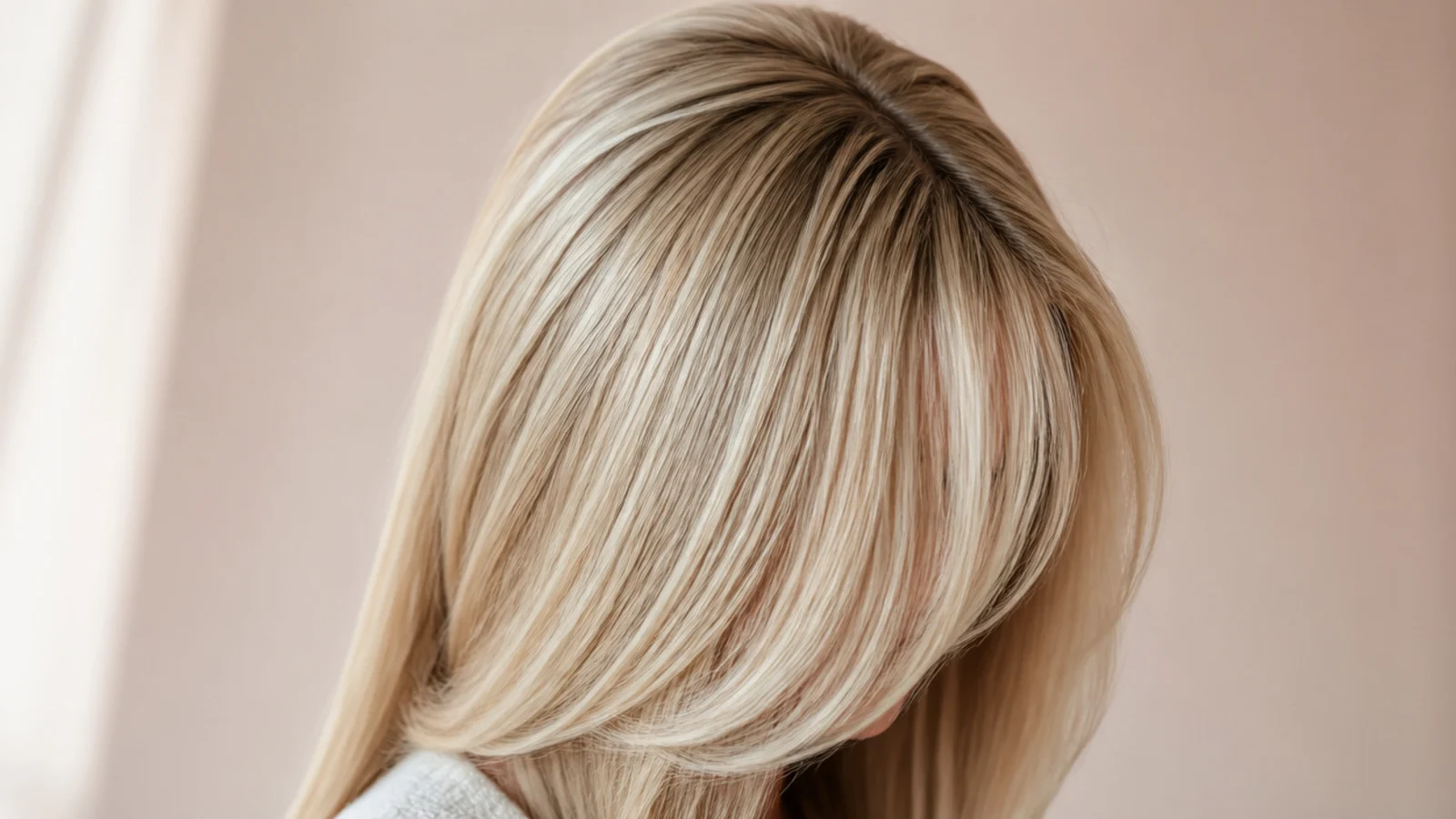 Very flat ironed fine blonde hair with a blunt lower edge