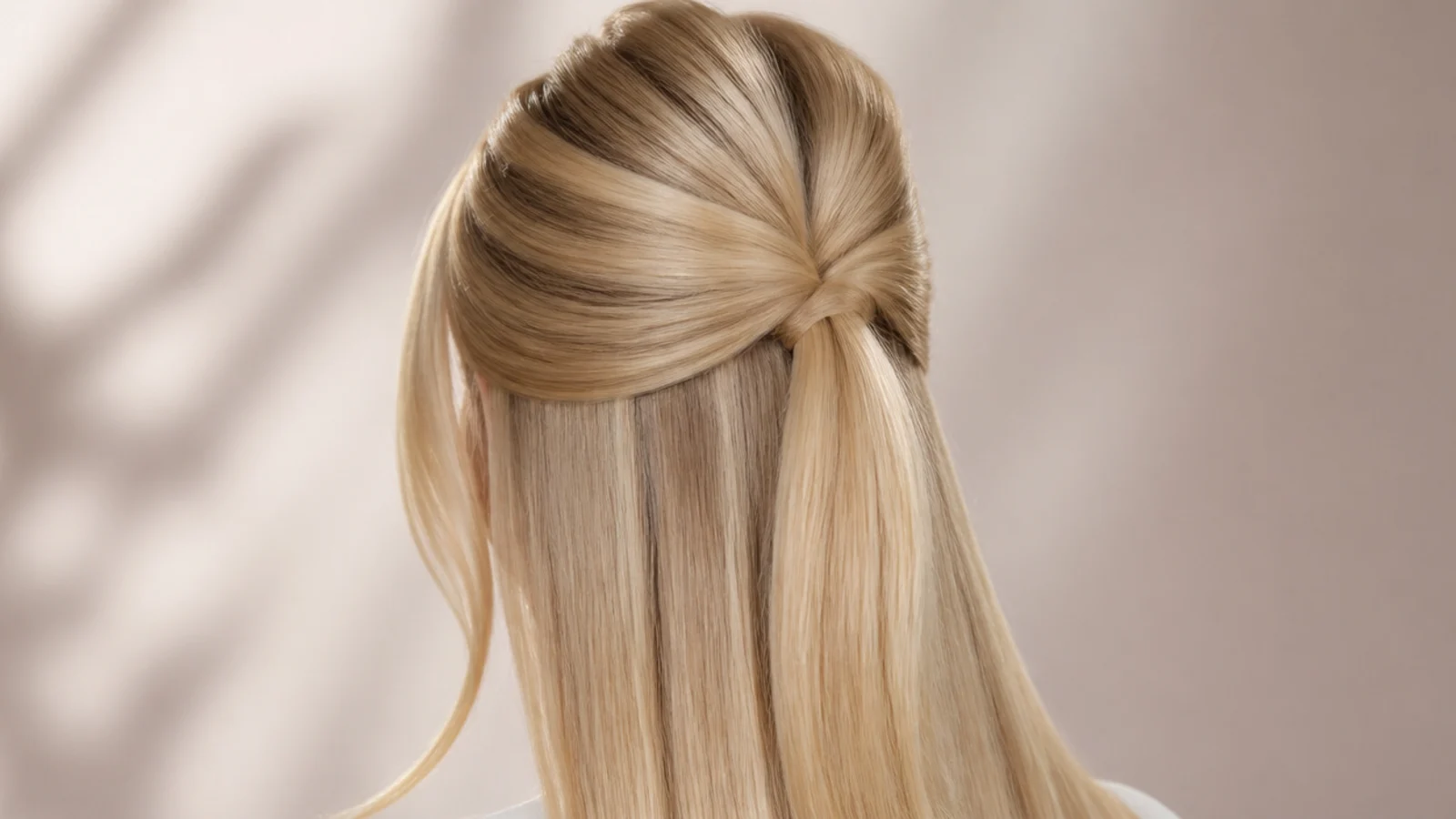 The top section of straight blonde hair gathered and clipped at the back