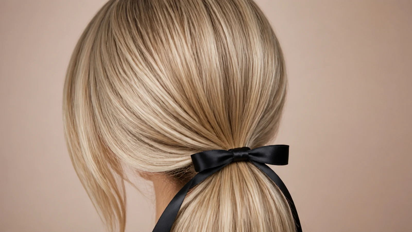 A sleek low ponytail tied with a ribbon bow at the nape