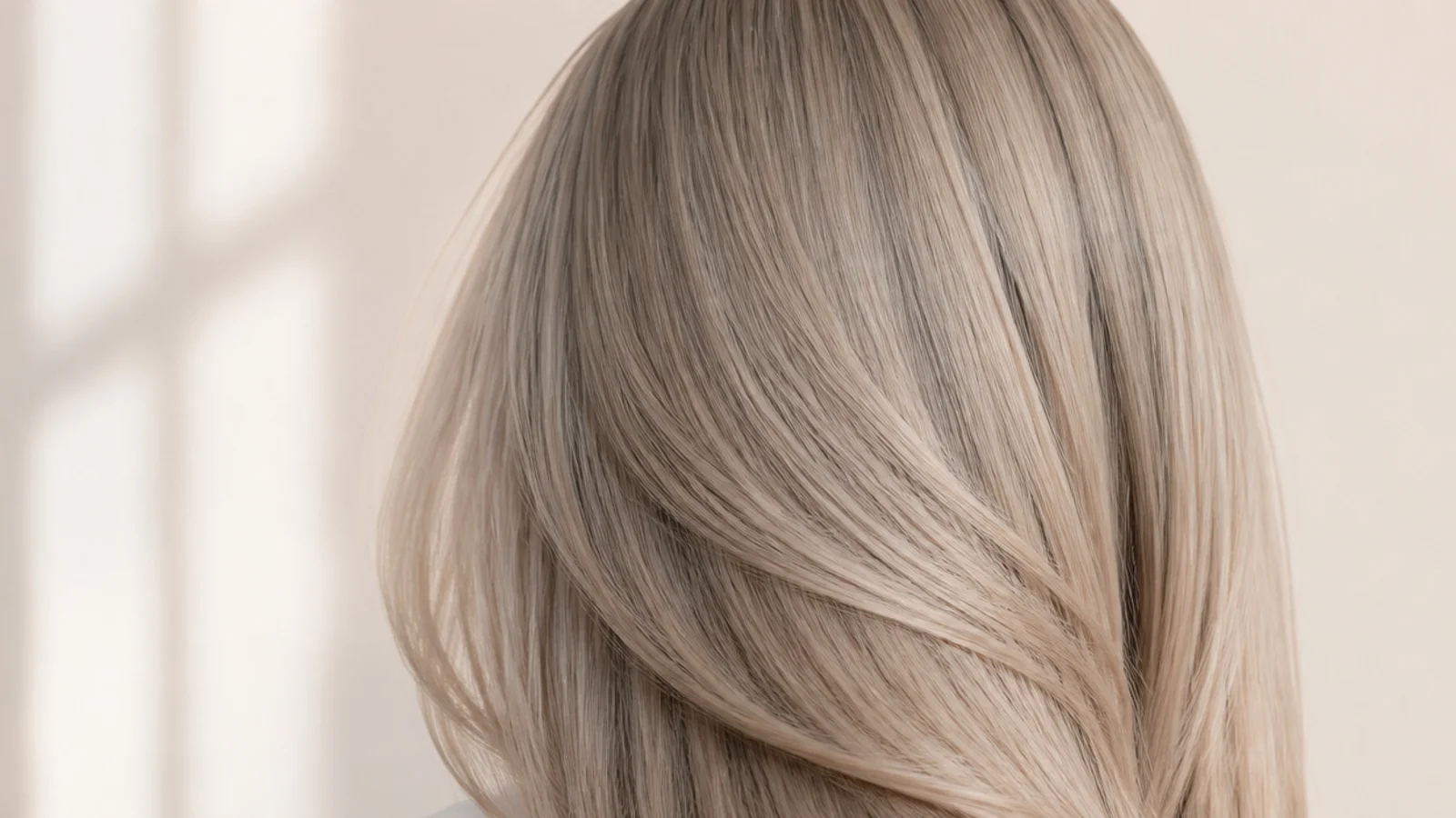 Cool beige blonde straight hair under soft indoor light