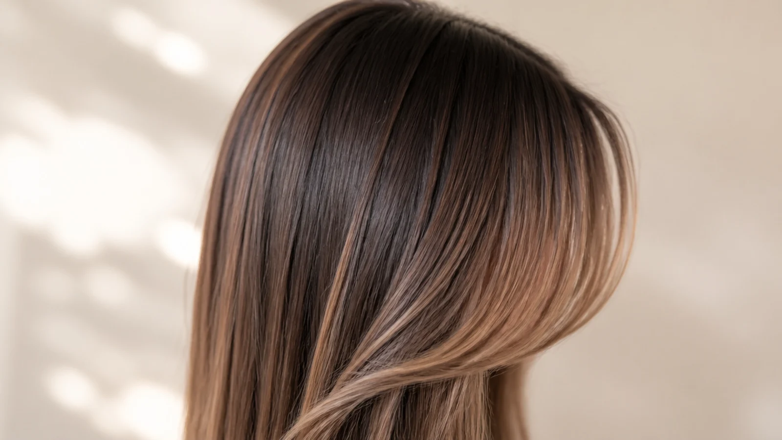 Straight hair with a deep brunette base lightening through the lengths