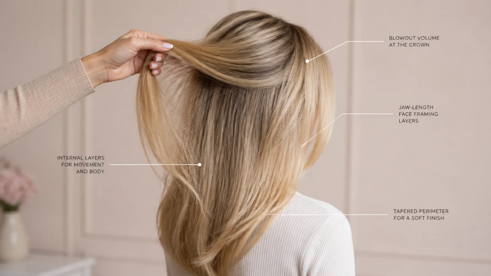 Sections of straight hair held out to show where layer lengths fall