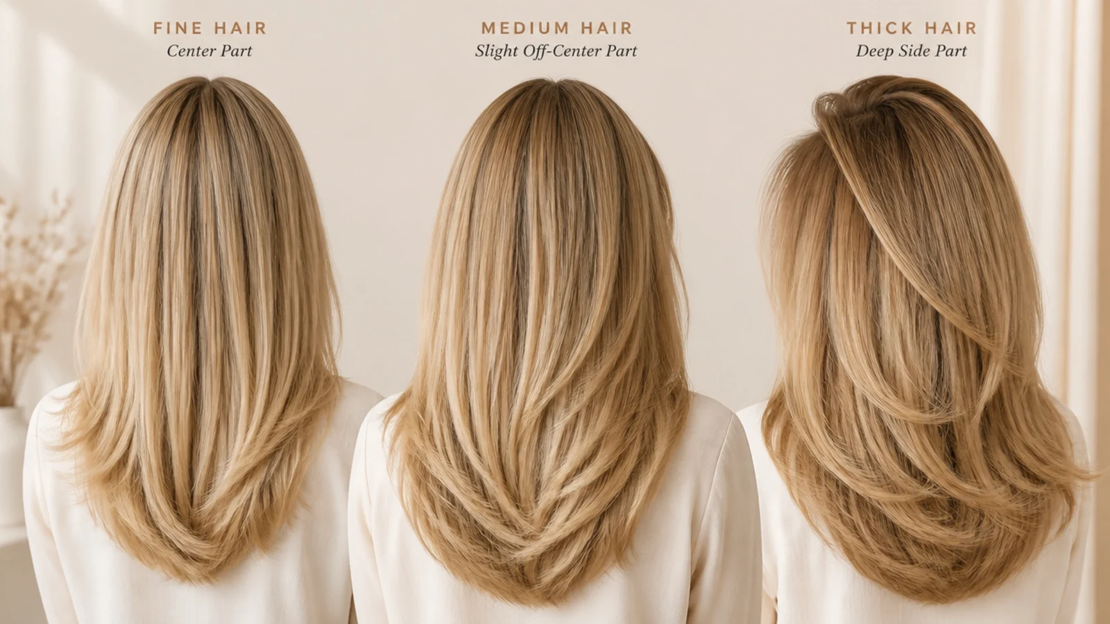 Straight blonde hair shown at three different lengths beside a mirror