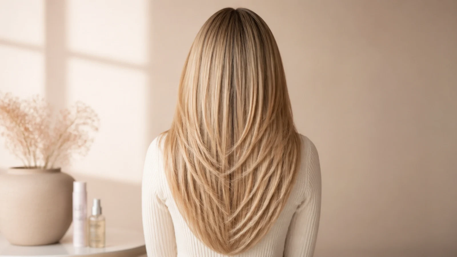 A close view of smooth blonde lengths catching a single band of light