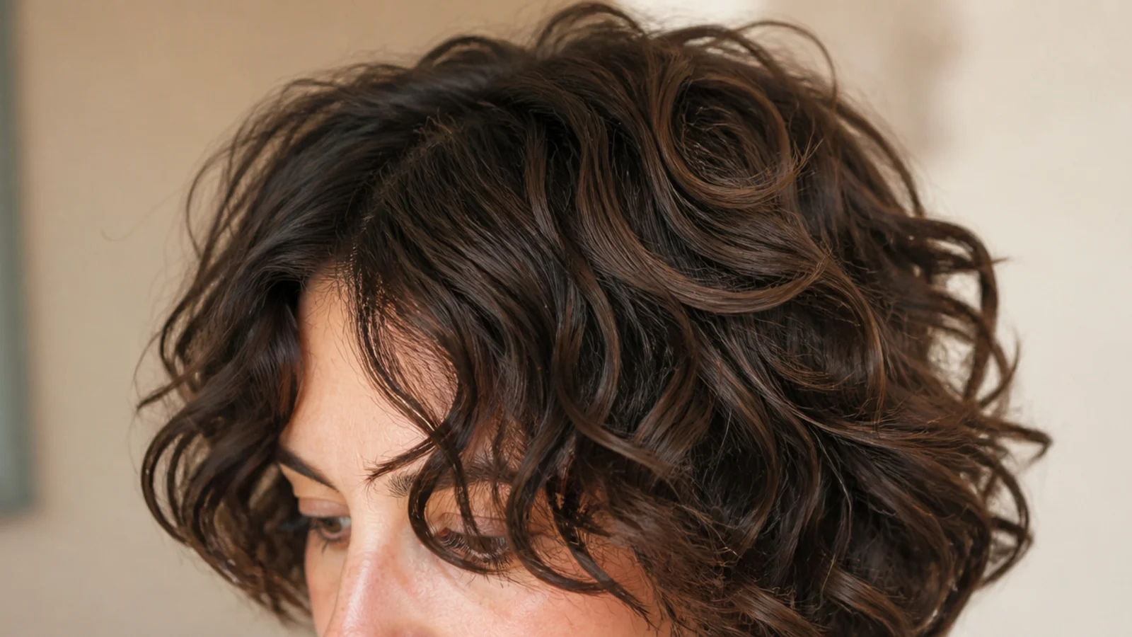 A heavily layered curly shag with a fringe blending into the shorter layers