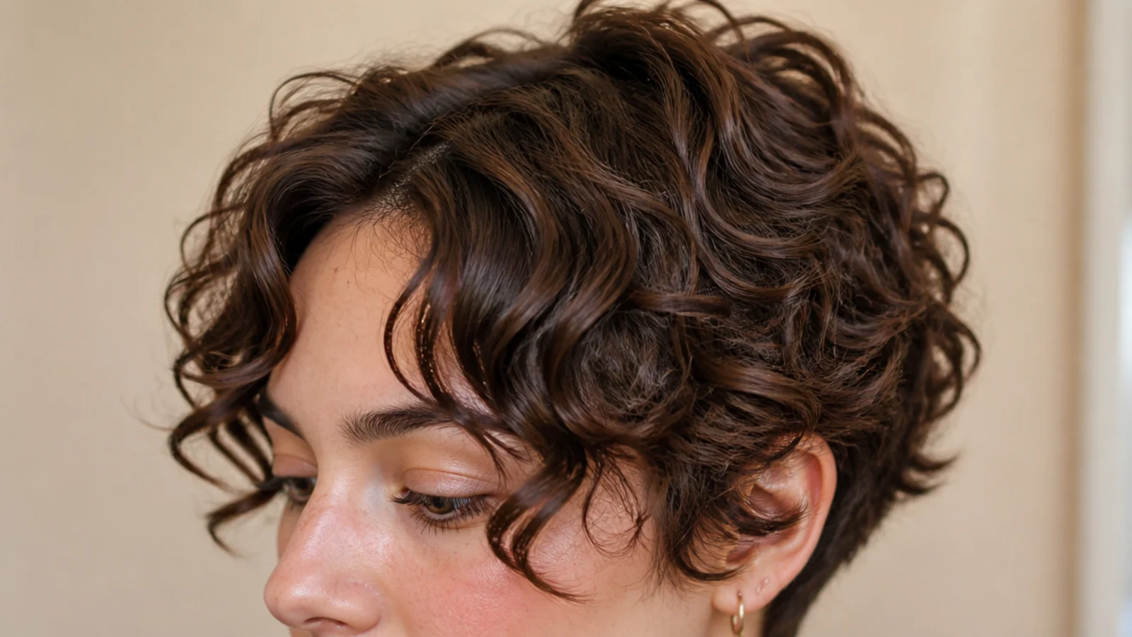 A cropped curly pixie with the longest curls falling forward over the brow