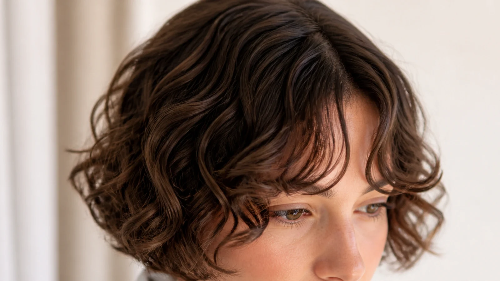 A short curly French bob ending near the jaw with a parted fringe