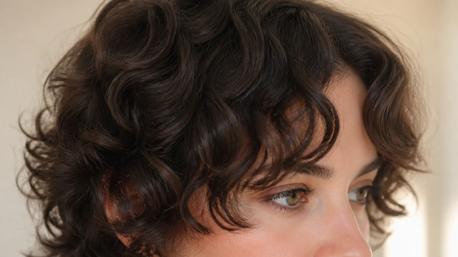A curly wolf cut with heavy volume at the crown and a parted fringe