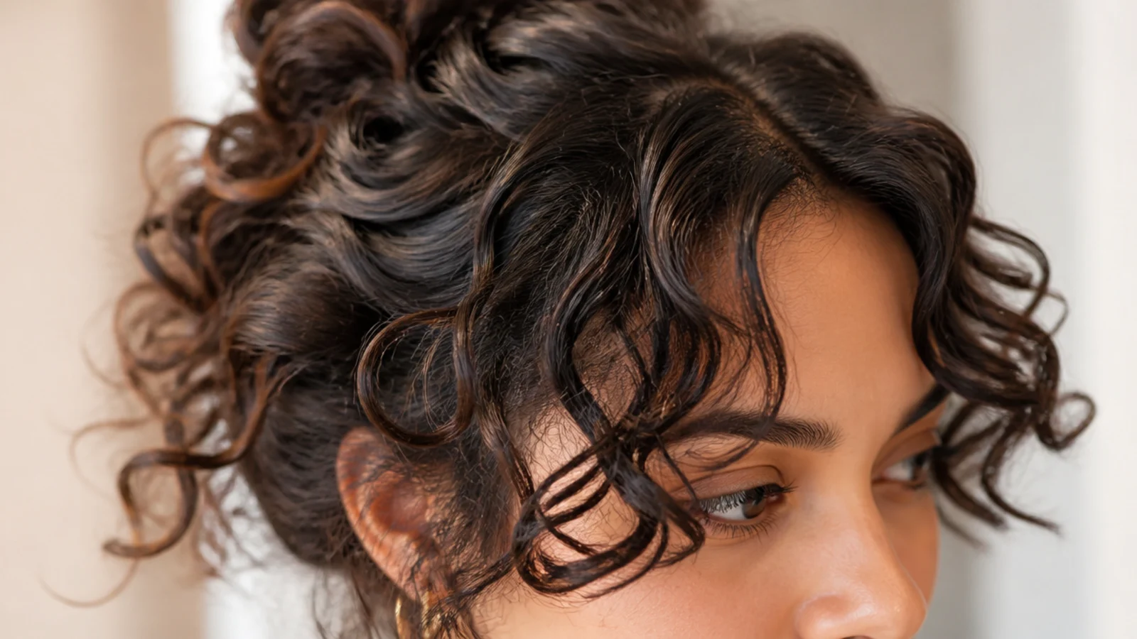 Curls gathered half up at the back with the fringe left loose at the front