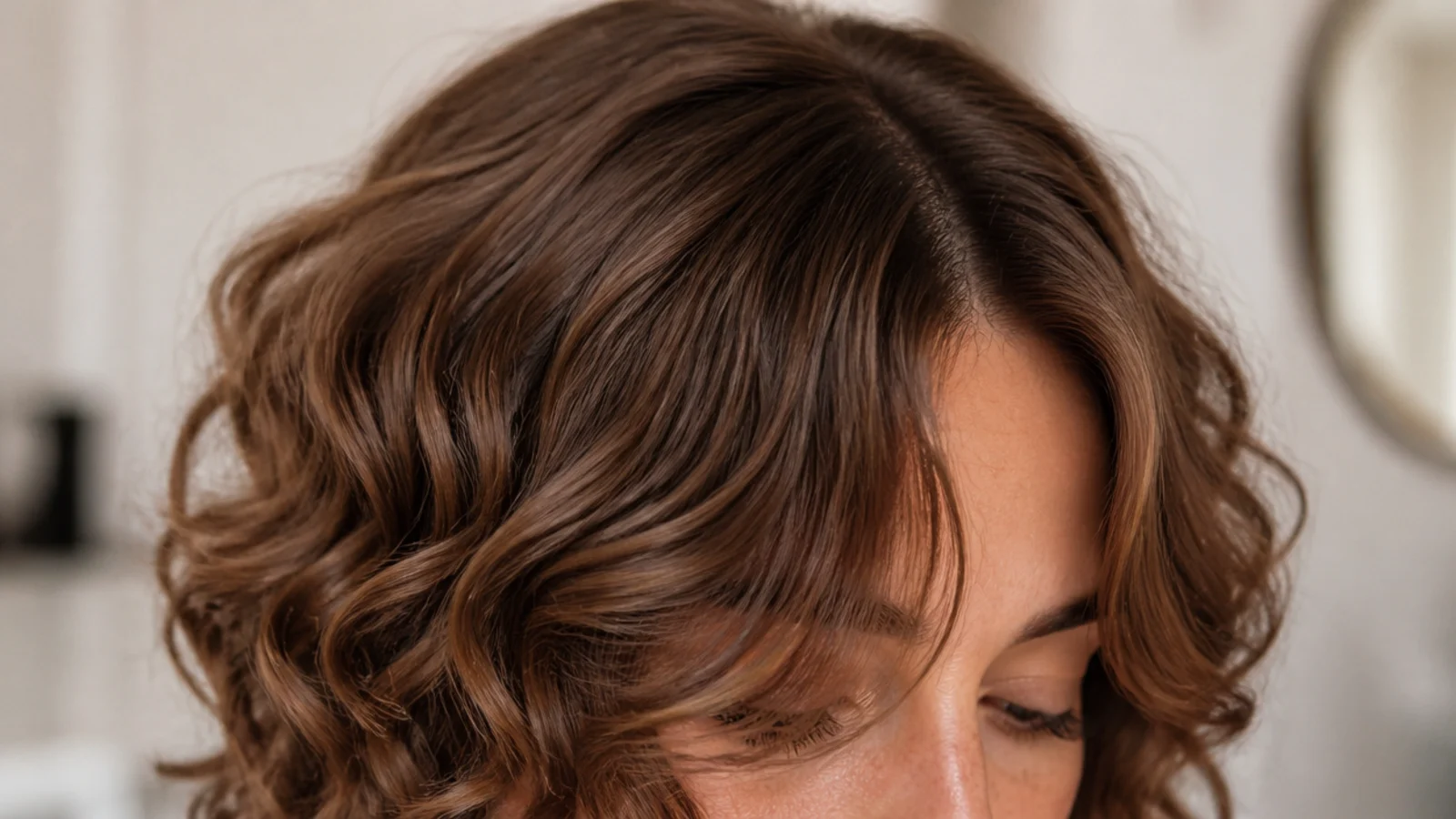 Curly hair split by a sharp centre parting with lift at the roots