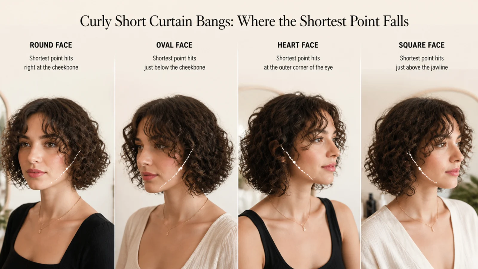 Curly curtain fringes shown on three different face shapes