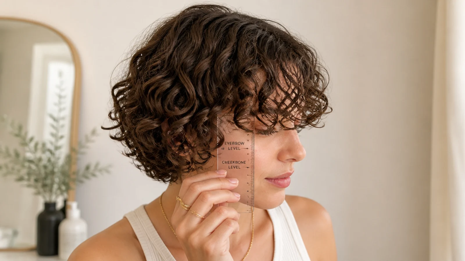 A curly fringe held against the brow line to check the finished dry position