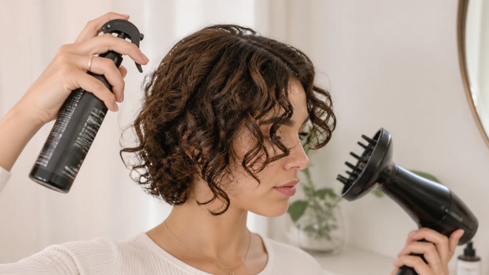 A diffuser cupped under a curly fringe with the head tilted forward