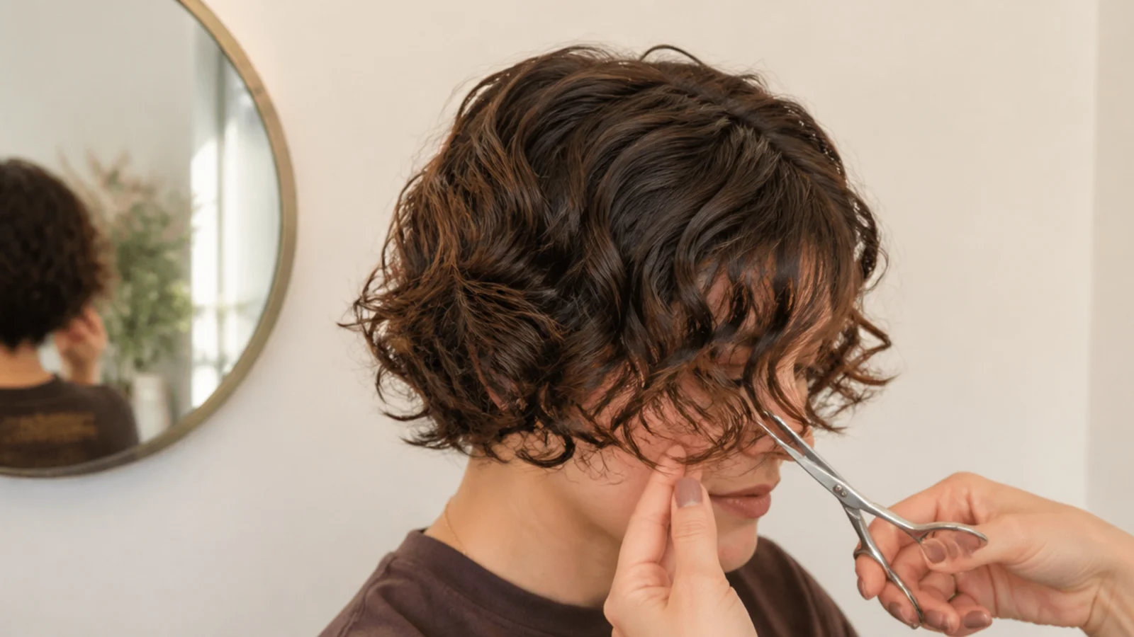 Shears trimming a single dry curl at the front of a curly fringe