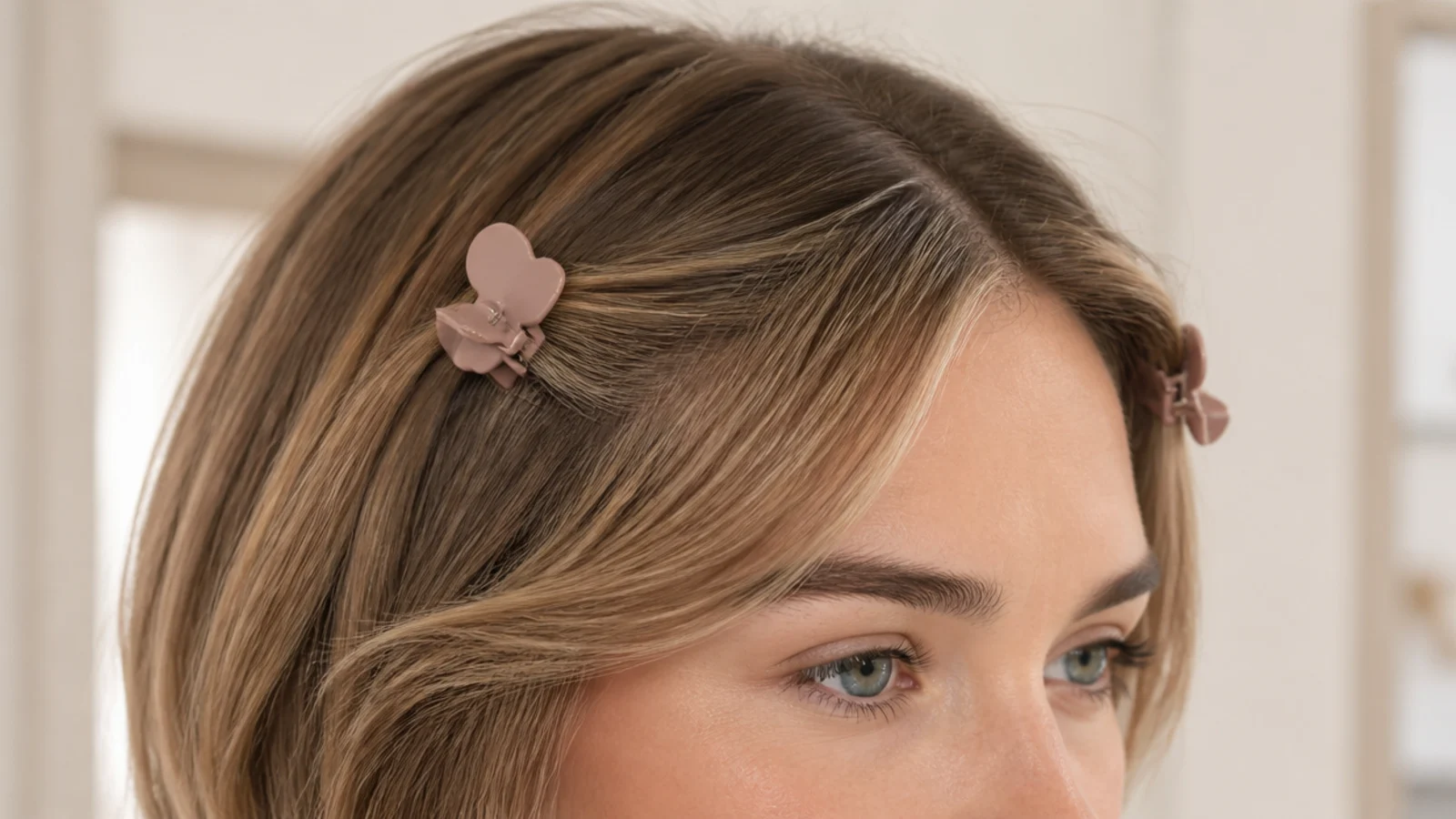 Flat no crease clips holding a growing fringe back at both temples