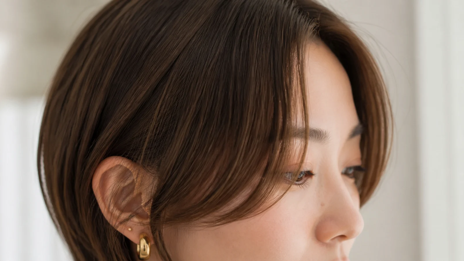 Grown out front pieces falling past the cheeks on a rounder face