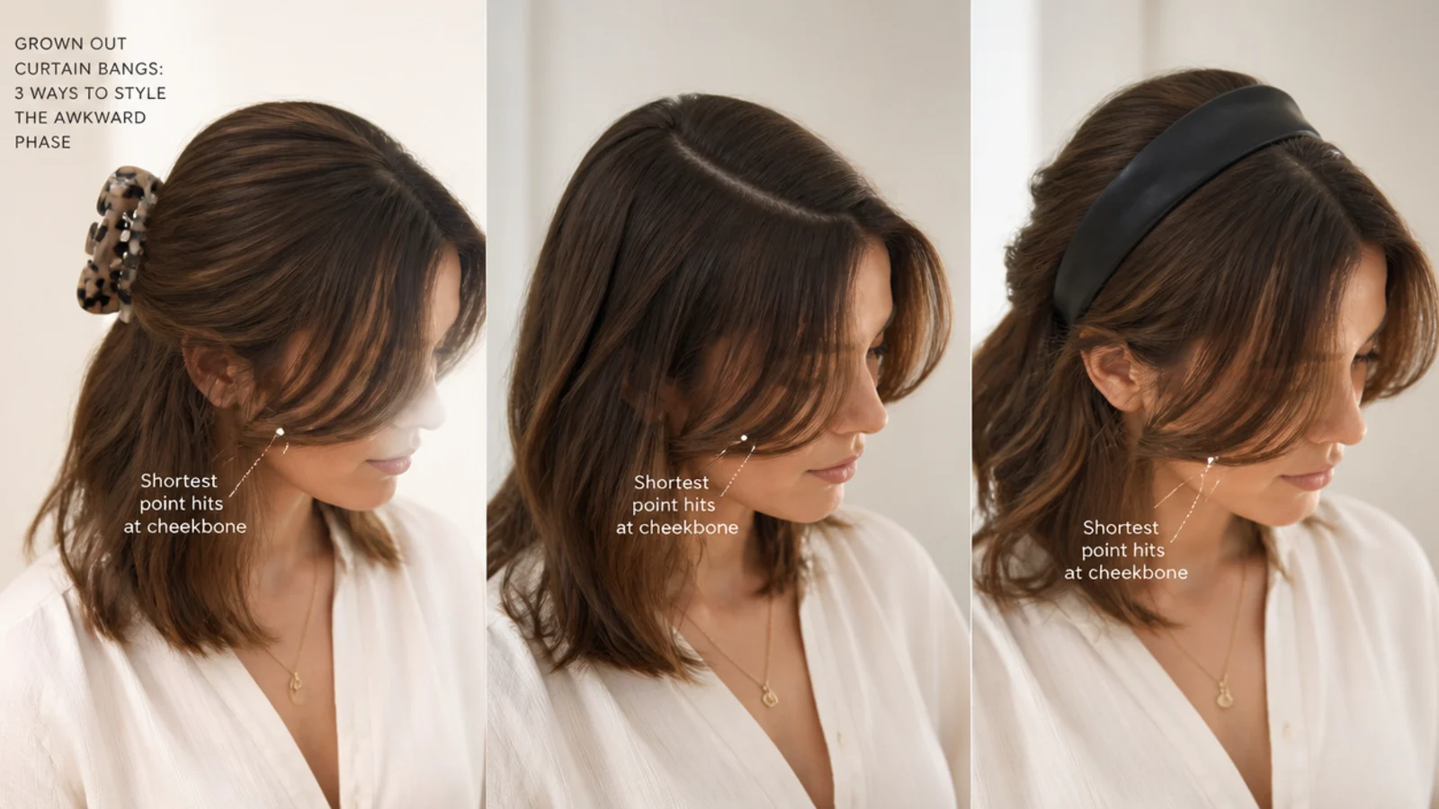 Two small clips holding the outer corners of a growing fringe at the temples
