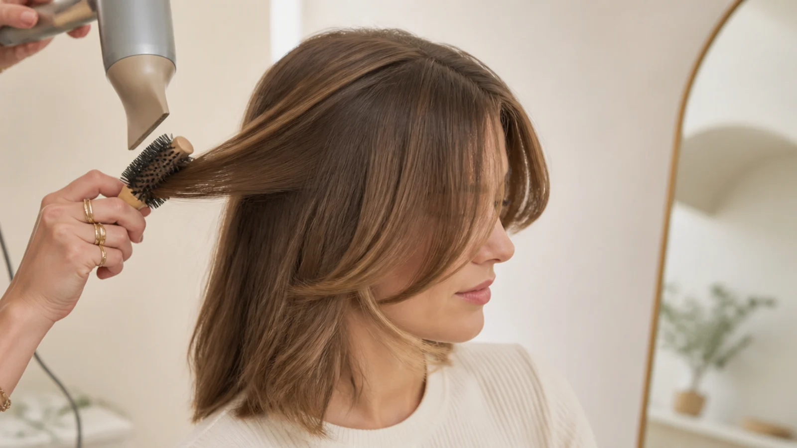 A round brush turning the front section outward under a hairdryer