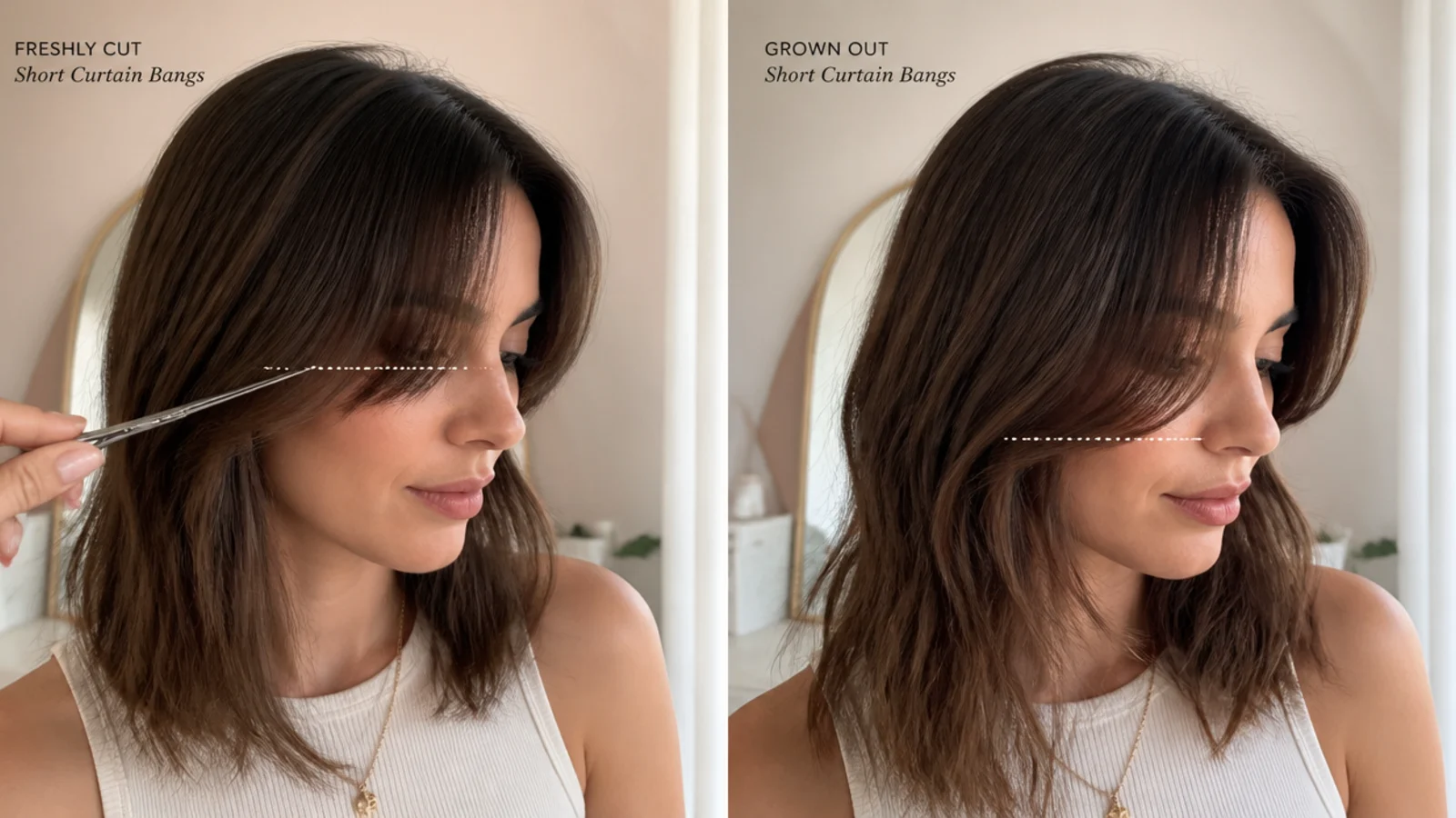 A parted fringe grown to cheekbone length sweeping to both sides