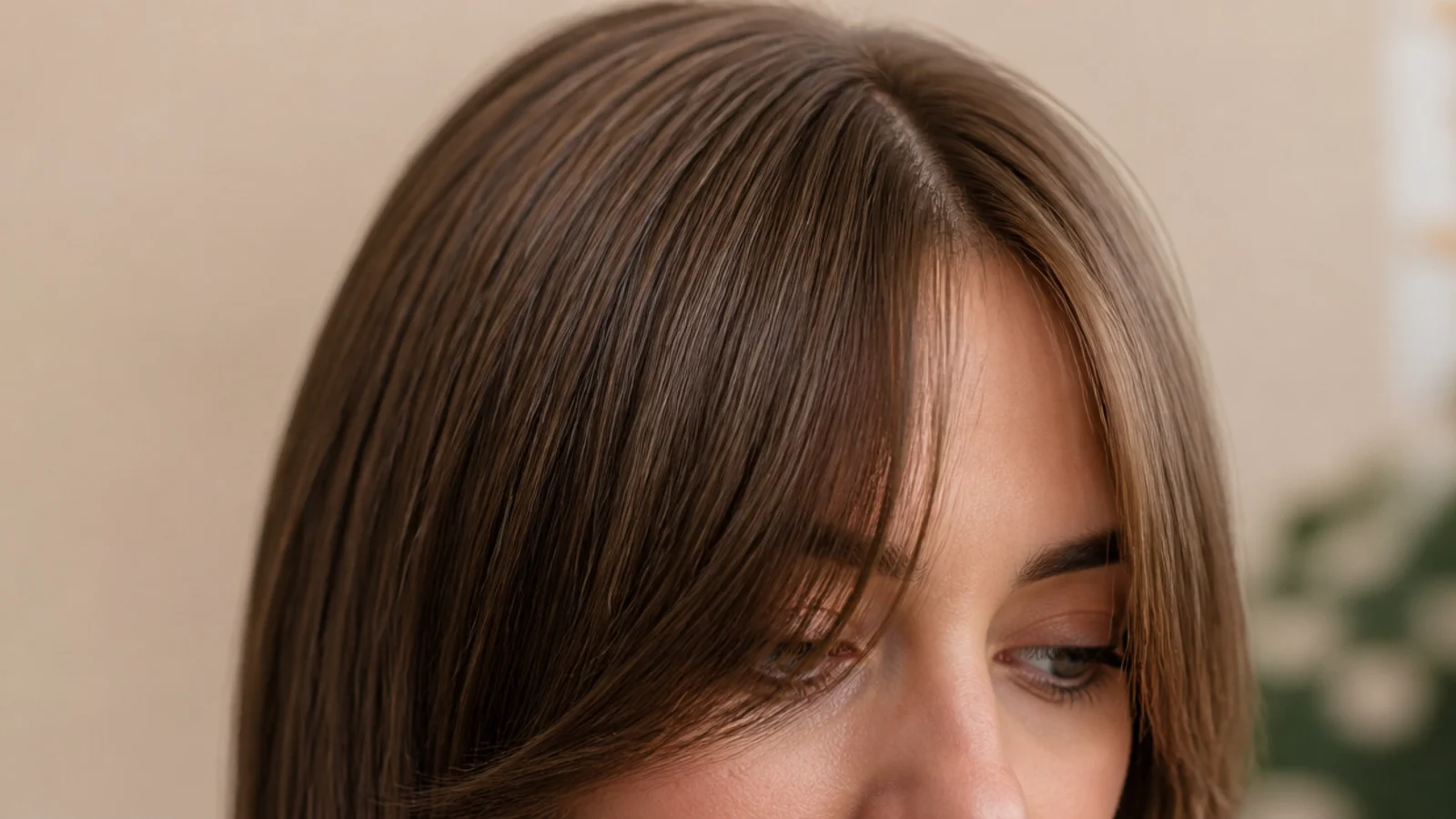 Clean dry hair brushed forward over the face before cutting