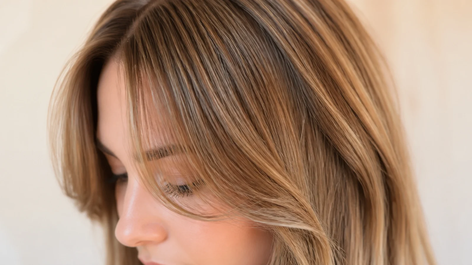 One side of the fringe cut on a diagonal angling down toward the cheek