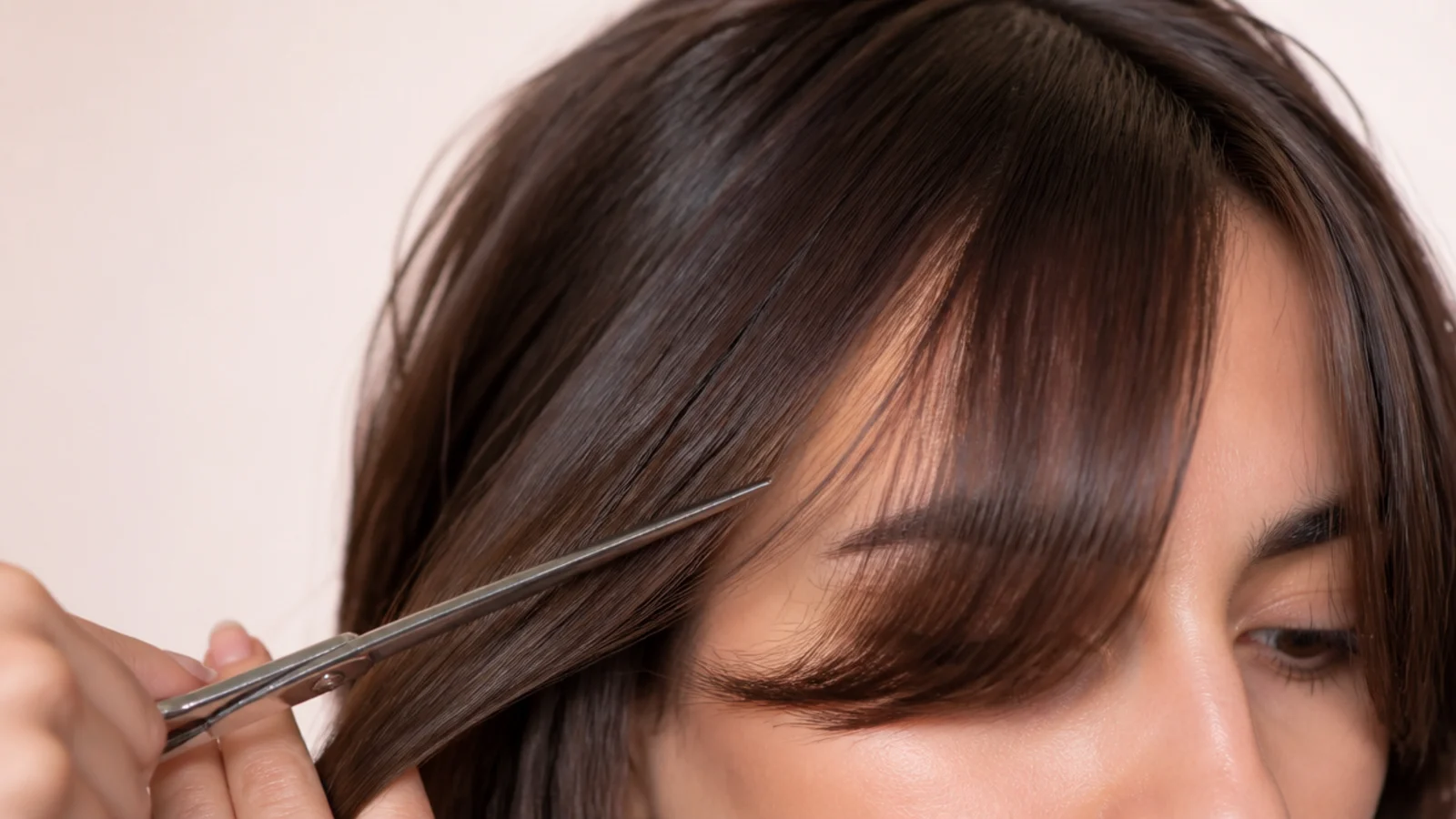 Partly open shears sliding down the underside of a fringe section