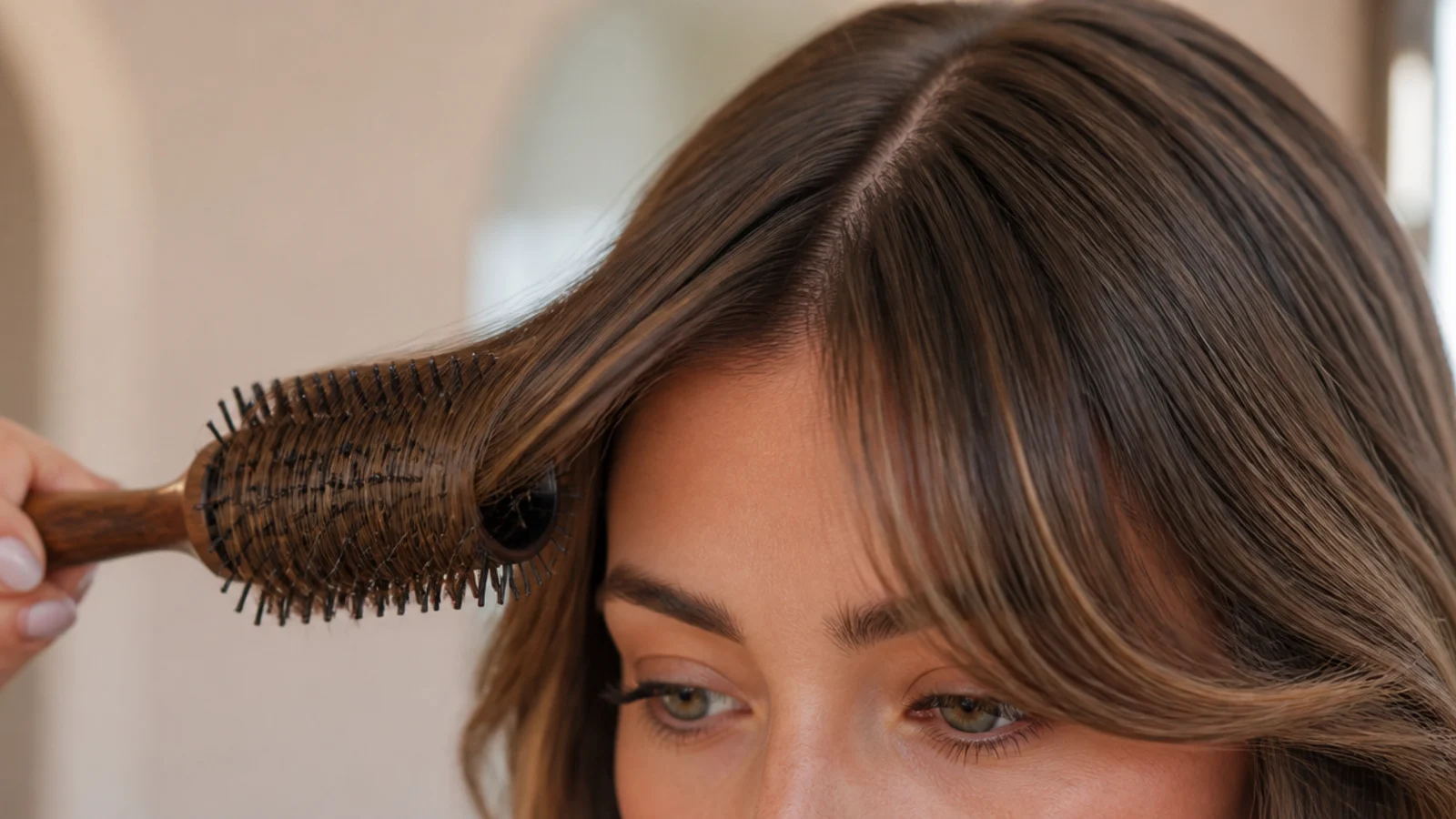 A small round brush turning the ends of a fringe outward under a dryer