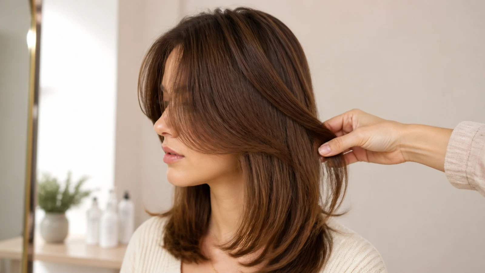 A part grown fringe swept to one side and clipped at the temple