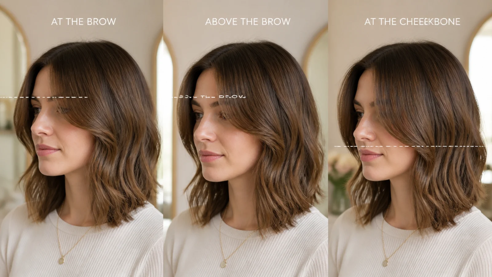 A section of front hair held against the face to check the finished length